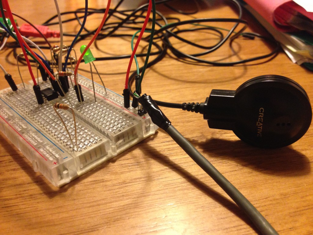 Microphone and amplifier on a breadboard.