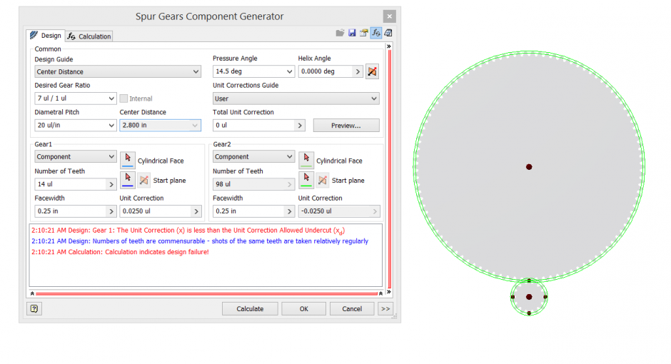 The spur gears were generated in Autodesk Inventor. Note the error due the 14t gear. These gears do not mesh properly without an undercut. (See discussion below)